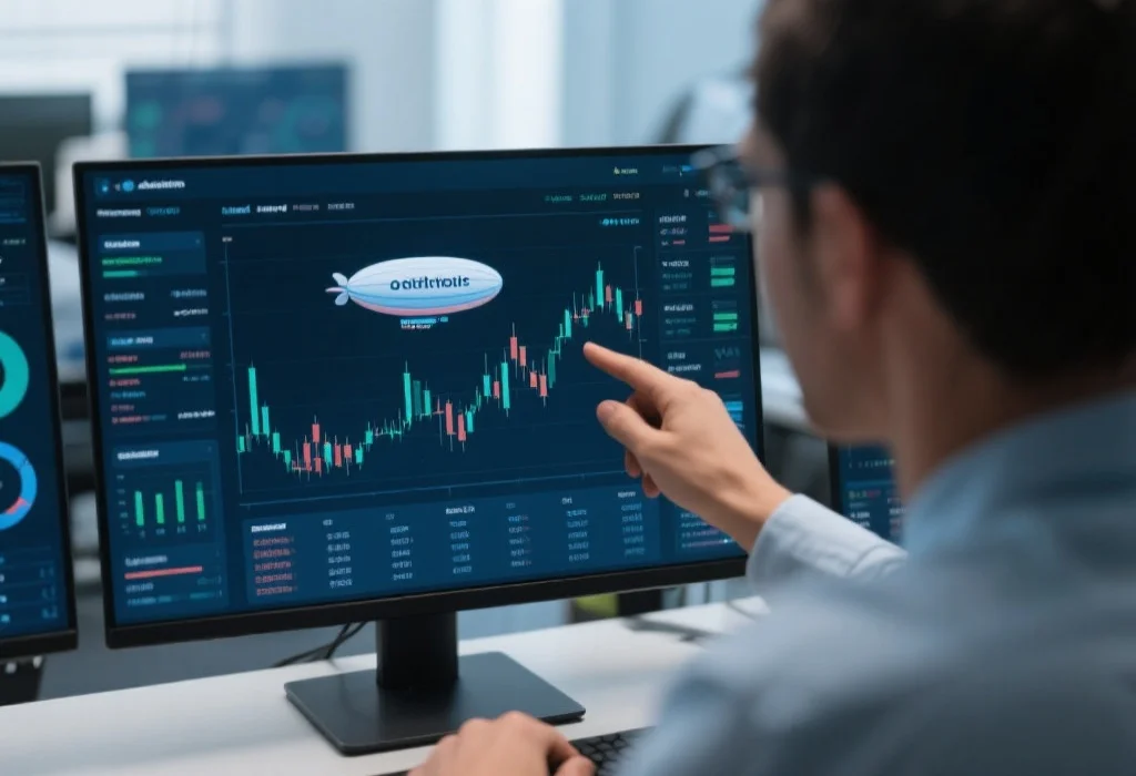 飞艇开奖现场，特写显示数据分析师正在分析屏幕上的走势图，环境专业且现代